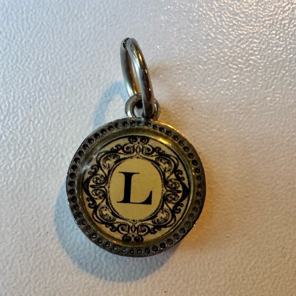 Monogram 'L' Round Pendant Charm in Antique Silver and Cream